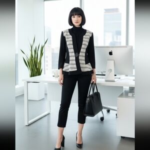 Structured Peplum Black/White Blazer - Geometric Mod Workwear SZ 10